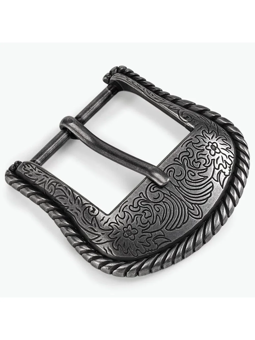 Men Western Antique Silver Dual Flower Engraved Thick Rope Edge Belt Buckle 1.5